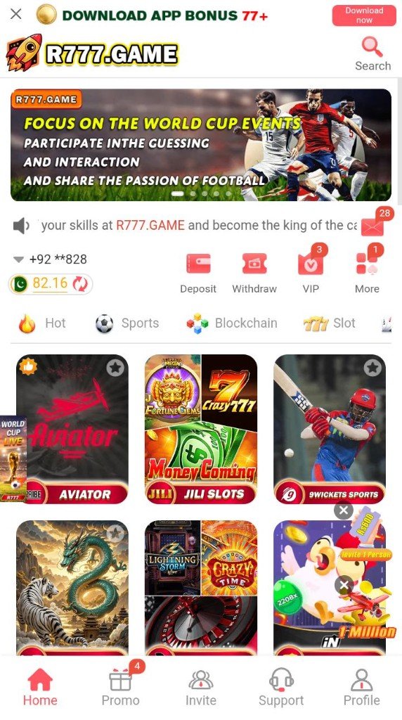 R777 Game APK home screen after install — game categories, wallet balance, and navigation bar